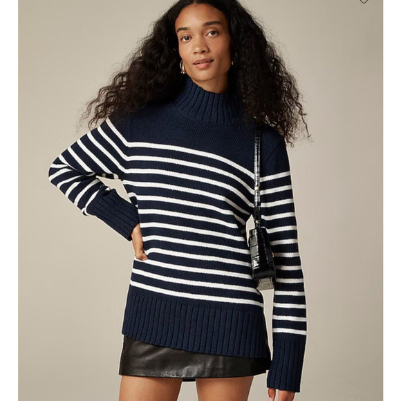 J.Crew Turtleneck Sweater Women Large Navy Stripe Cotton Chunky Knit Coastal - Picture 3 of 16